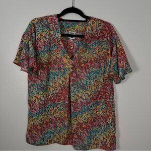 Ivy Jane Blouse Size Medium Short Flutter Sleeve Pink Teal Yellow